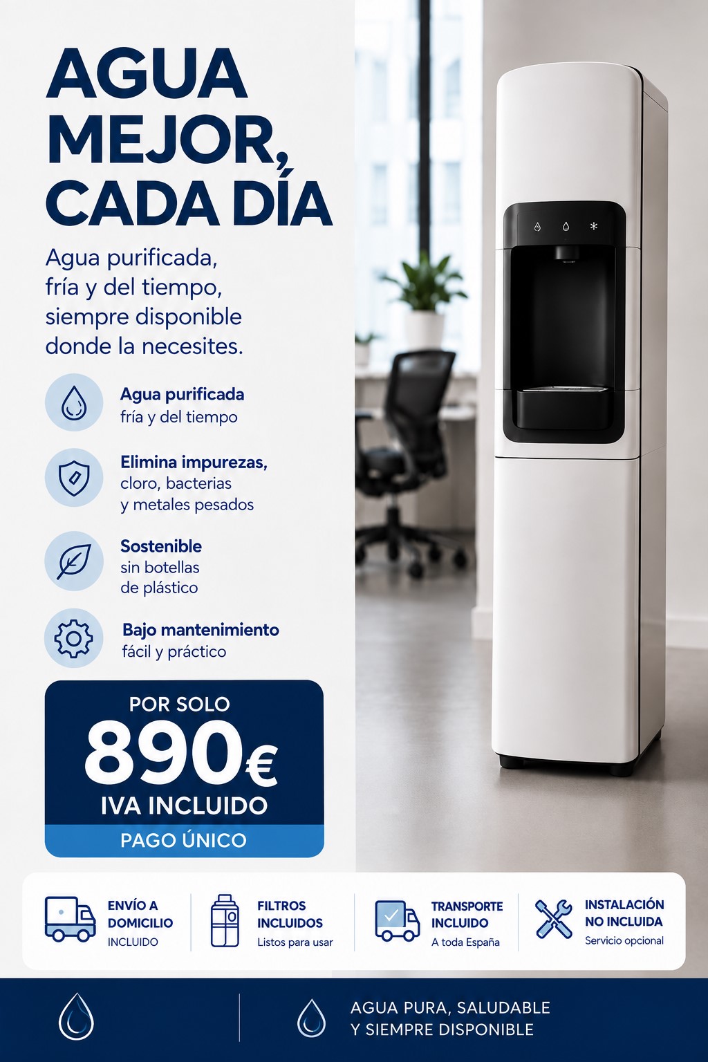 Ficha de fuente de agua de pie blanca para oficina