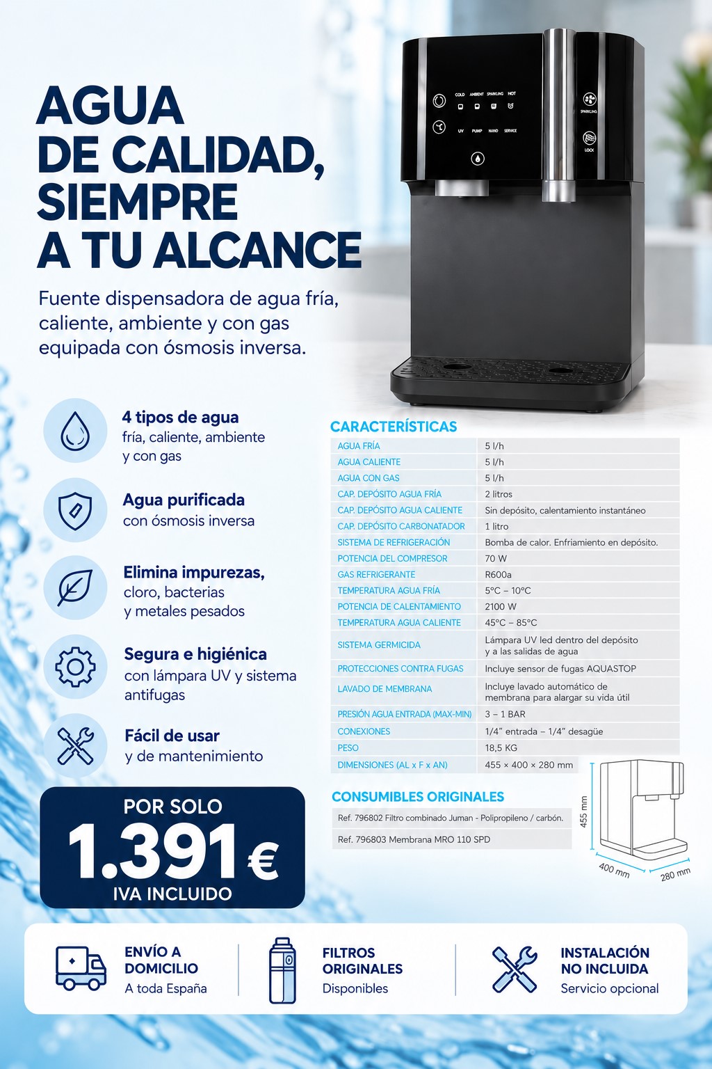 Ficha de fuente de sobremesa negra con ósmosis inversa